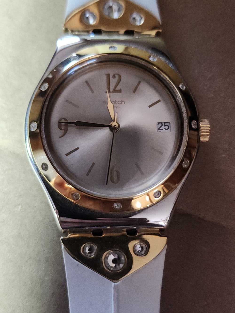 Swatch Irony Two-Tone Silver & Gold Analog Watch With White Silicon Band -Womens